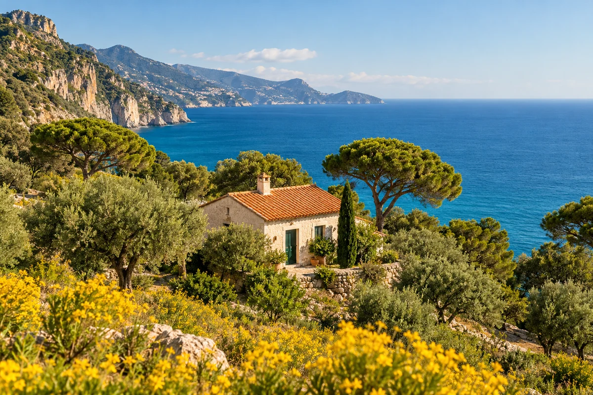 A sharp photograph of a terracotta cottage beside the Mediterranean Sea.
