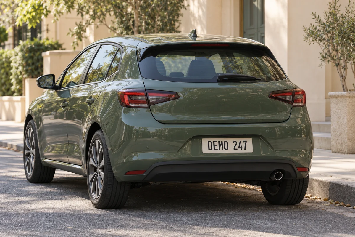A green car on a quiet street with a fictional demonstration plate visible.