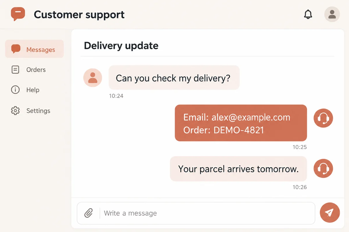 A fictional support conversation with a sample email address and order number visible.